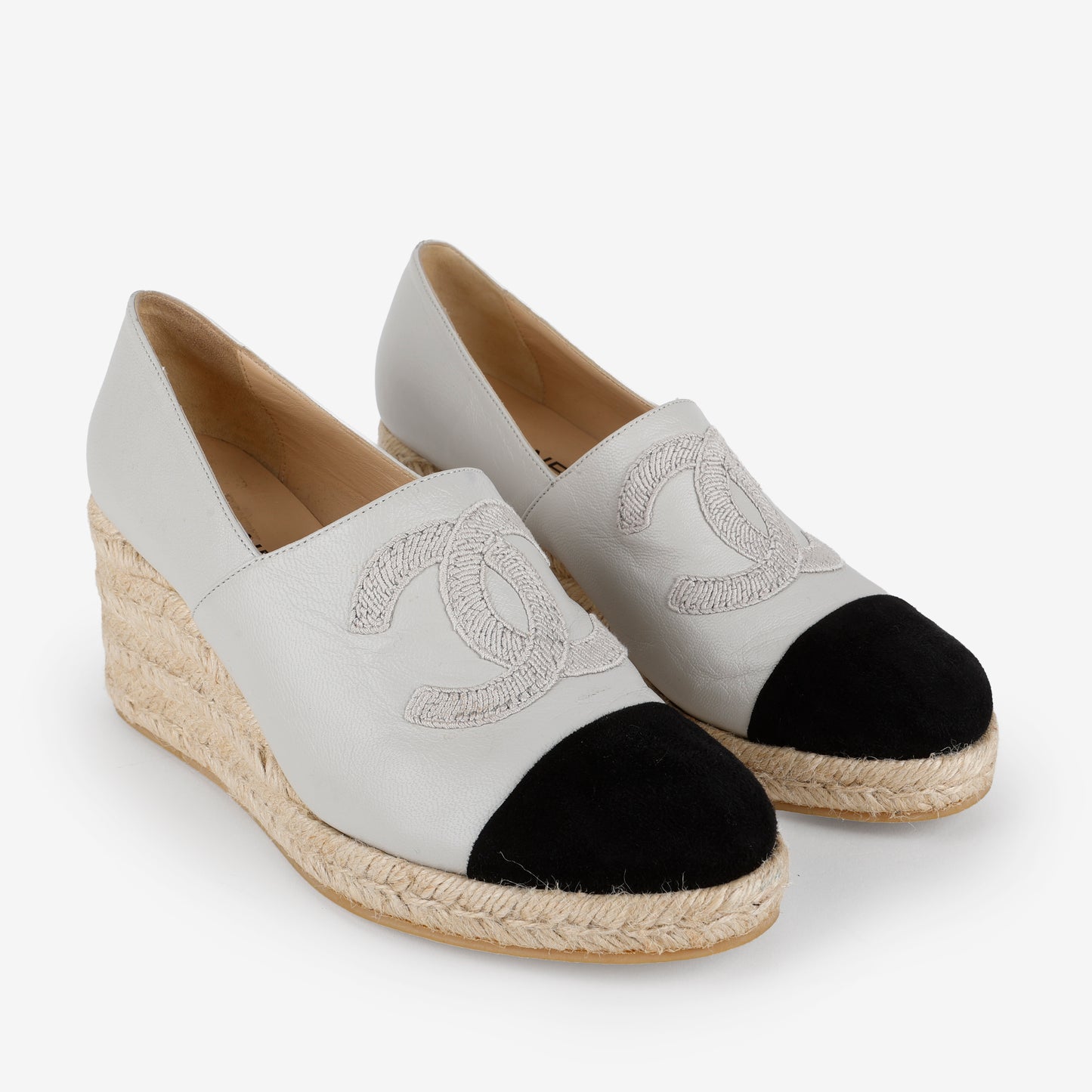 Espadrille Wedge Pumps, Leather and Suede Cream/Black (Size 42)