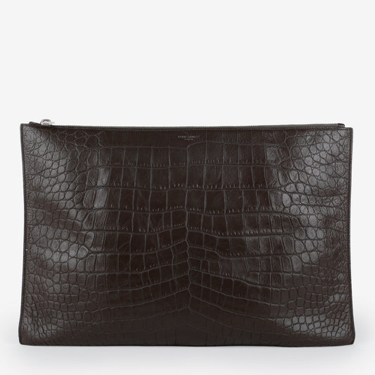 Croc Embossed Pouch Clutch, Brown