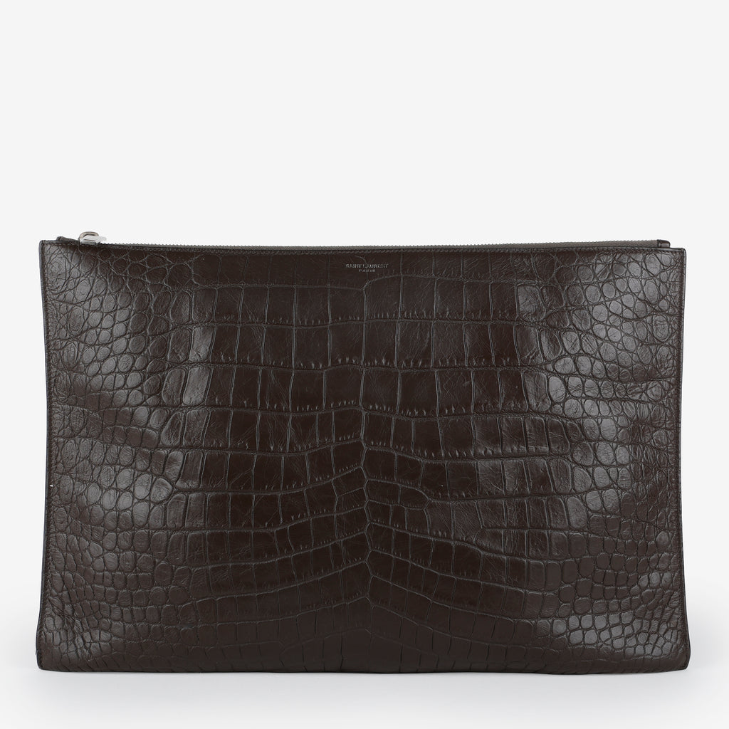 Croc Embossed Pouch Clutch, Brown