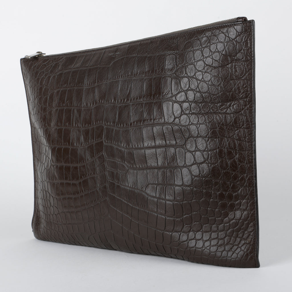 Croc Embossed Pouch Clutch, Brown
