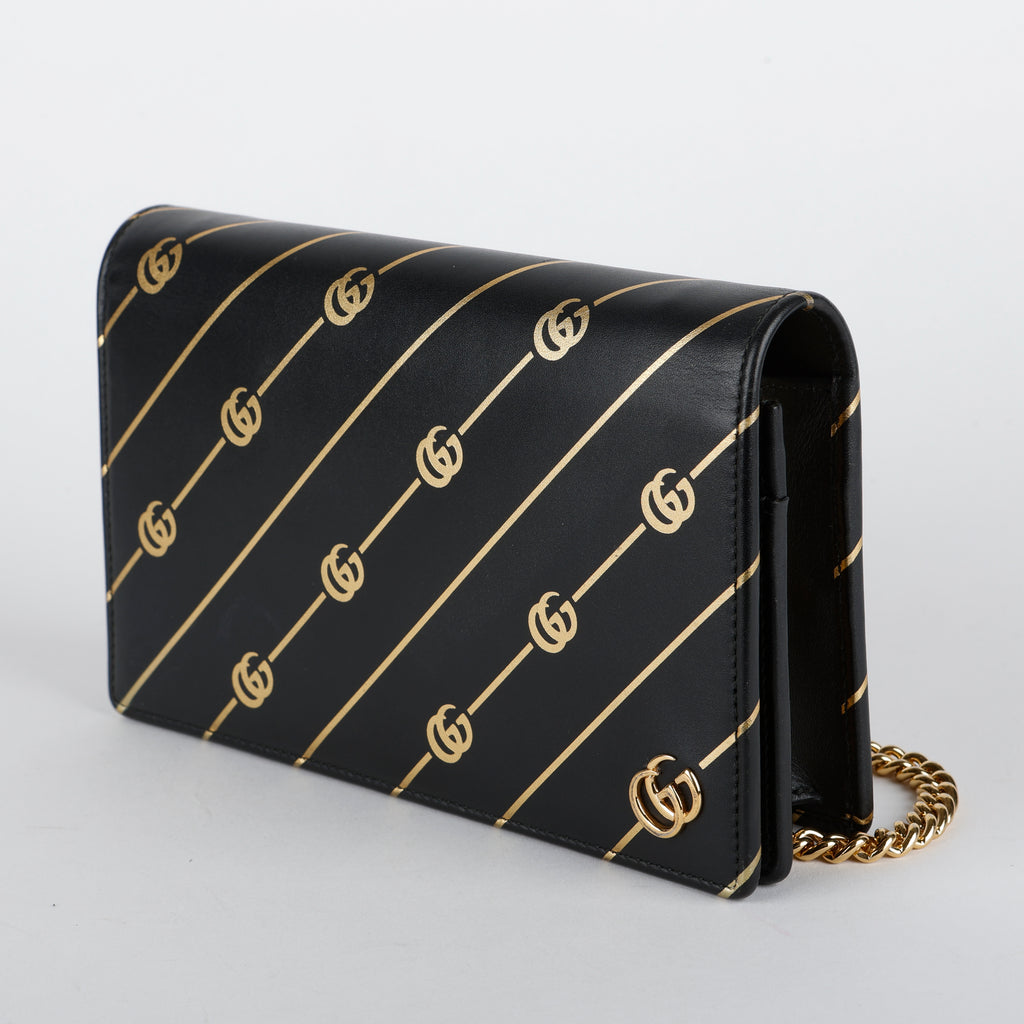 GG Stripe Mini Wallet on Chain, Black/Gold