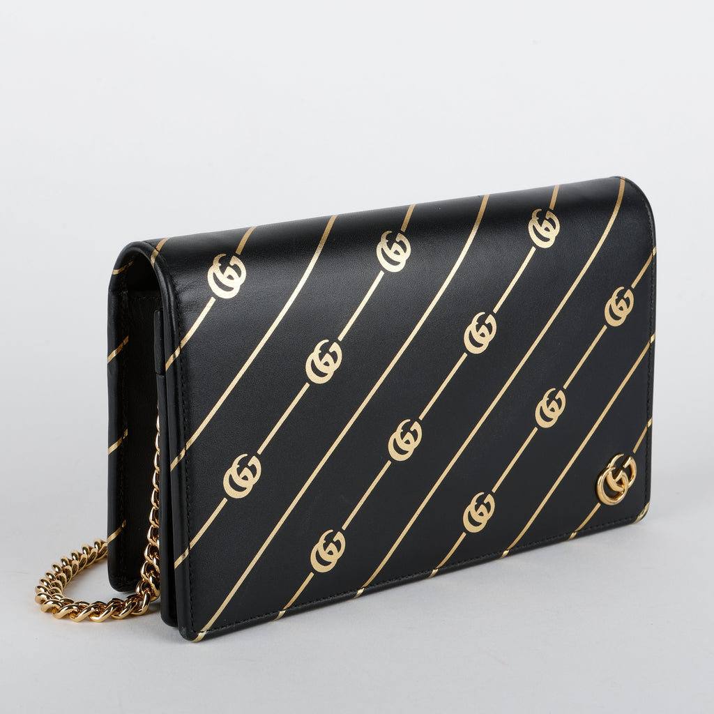 GG Stripe Mini Wallet on Chain, Black/Gold