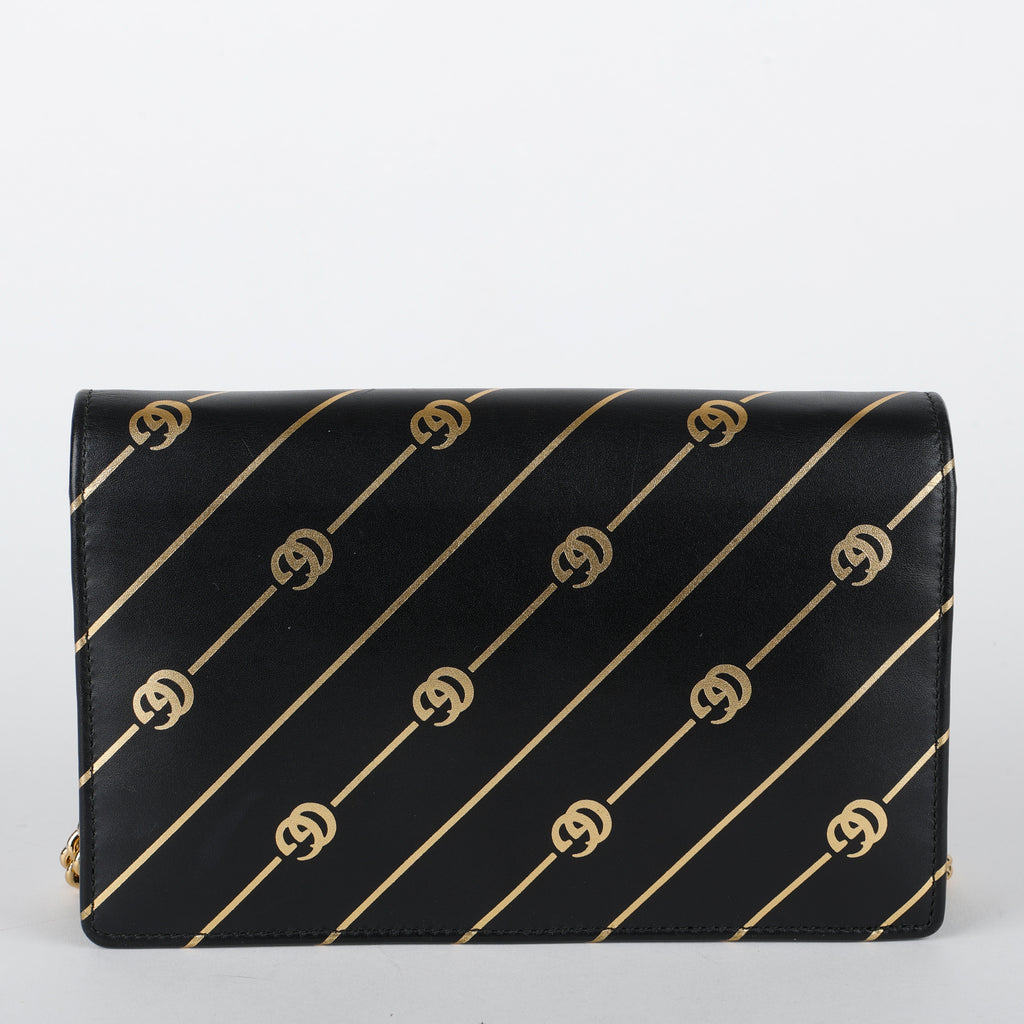 GG Stripe Mini Wallet on Chain, Black/Gold
