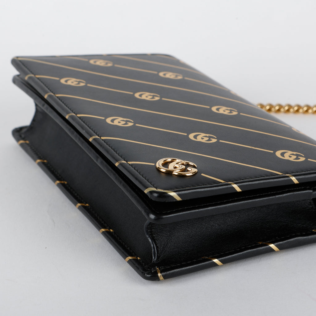 GG Stripe Mini Wallet on Chain, Black/Gold