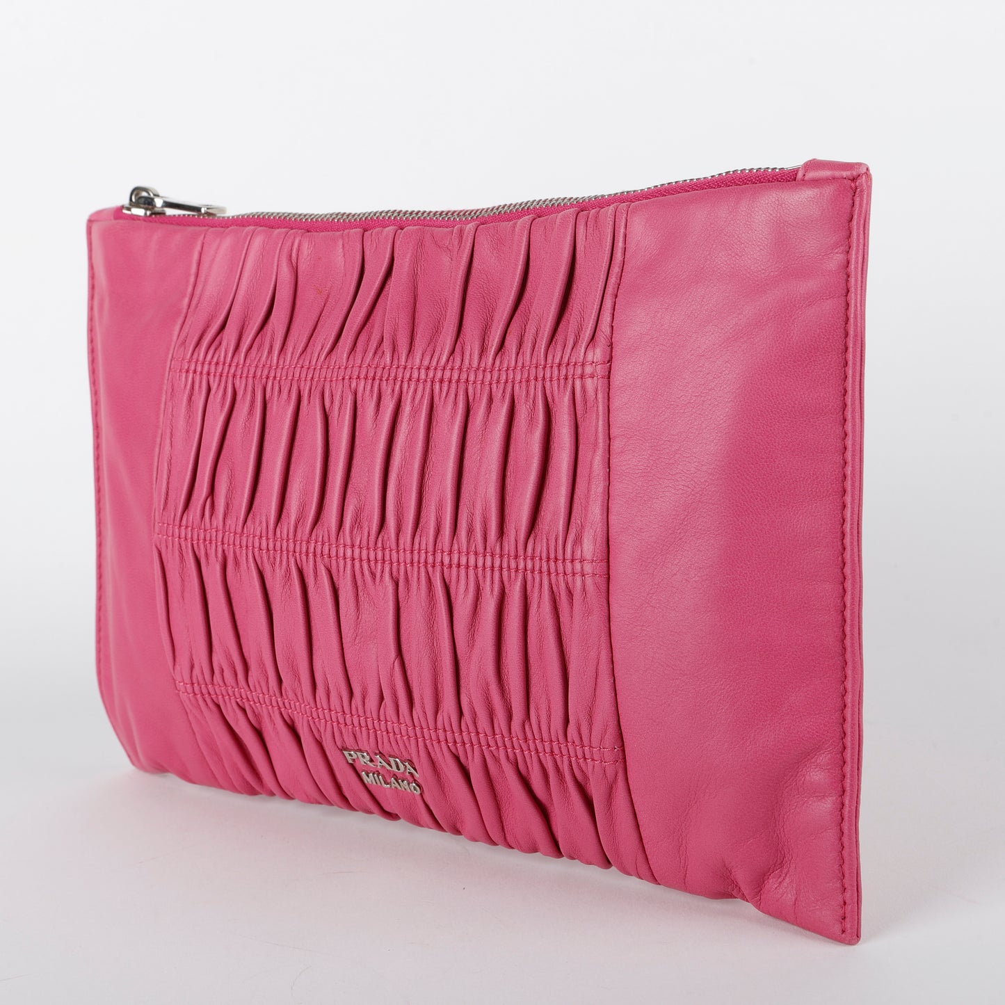 Gaufre Rouched Zip Clutch, Fuchsia