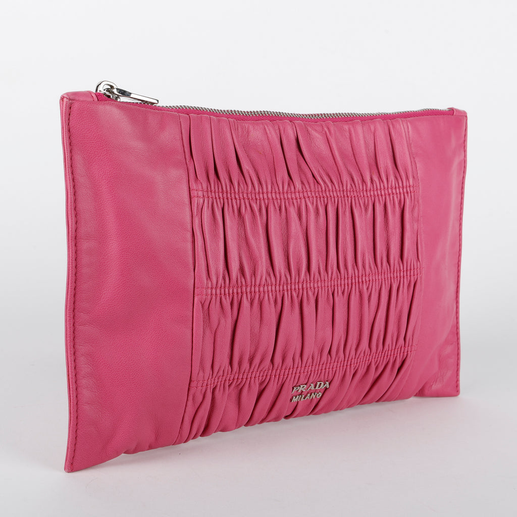 Gaufre Rouched Zip Clutch, Fuchsia