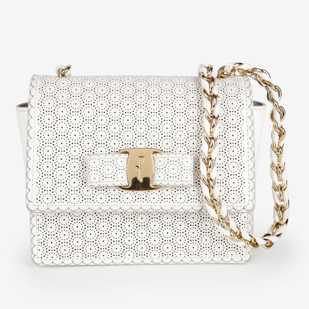 Mini Perforated Ginny Bow Crossbody, Cream