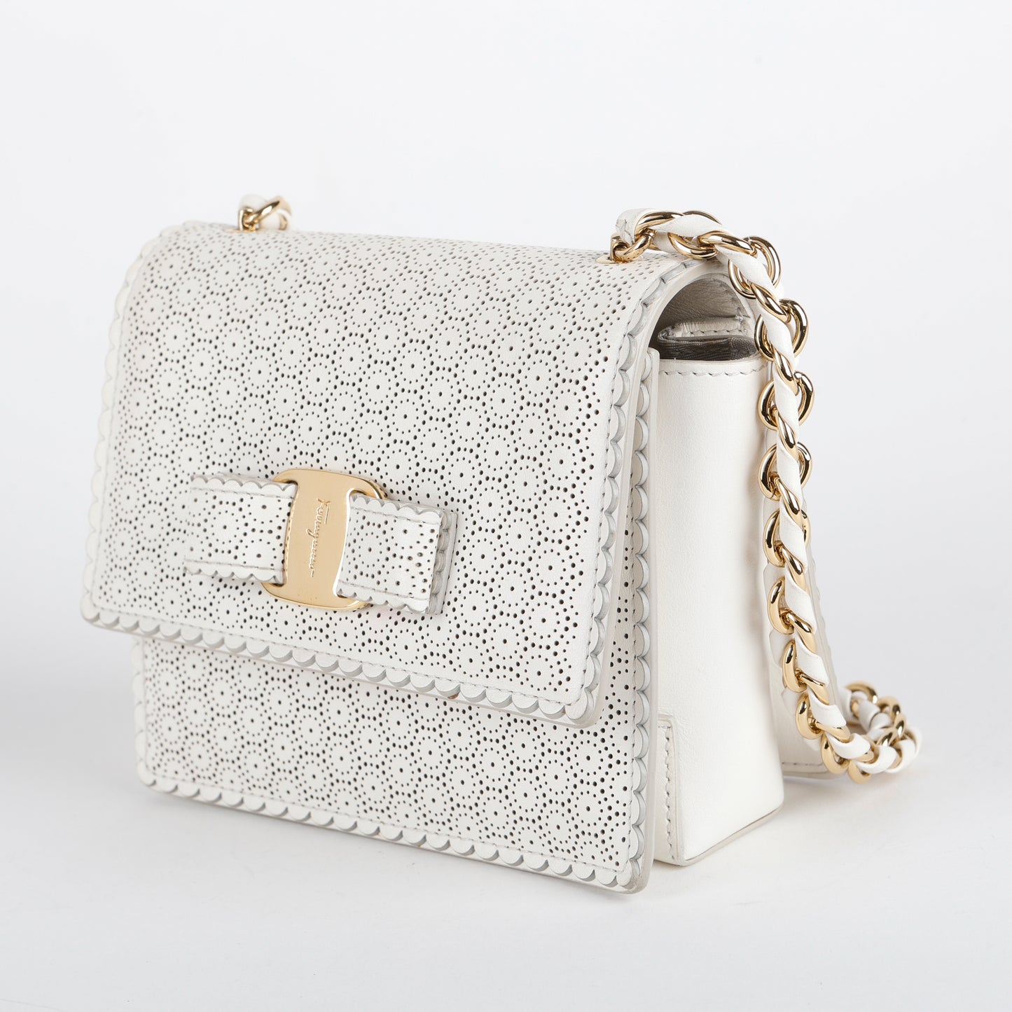 Mini Perforated Ginny Bow Crossbody, Cream