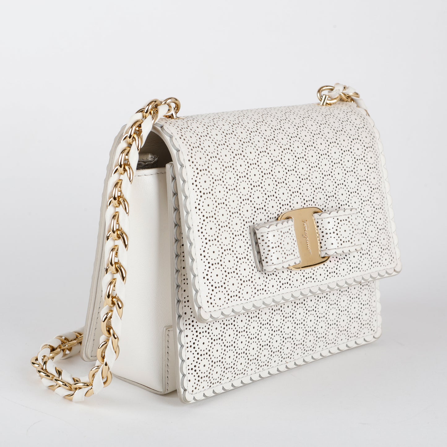 Mini Perforated Ginny Bow Crossbody, Cream