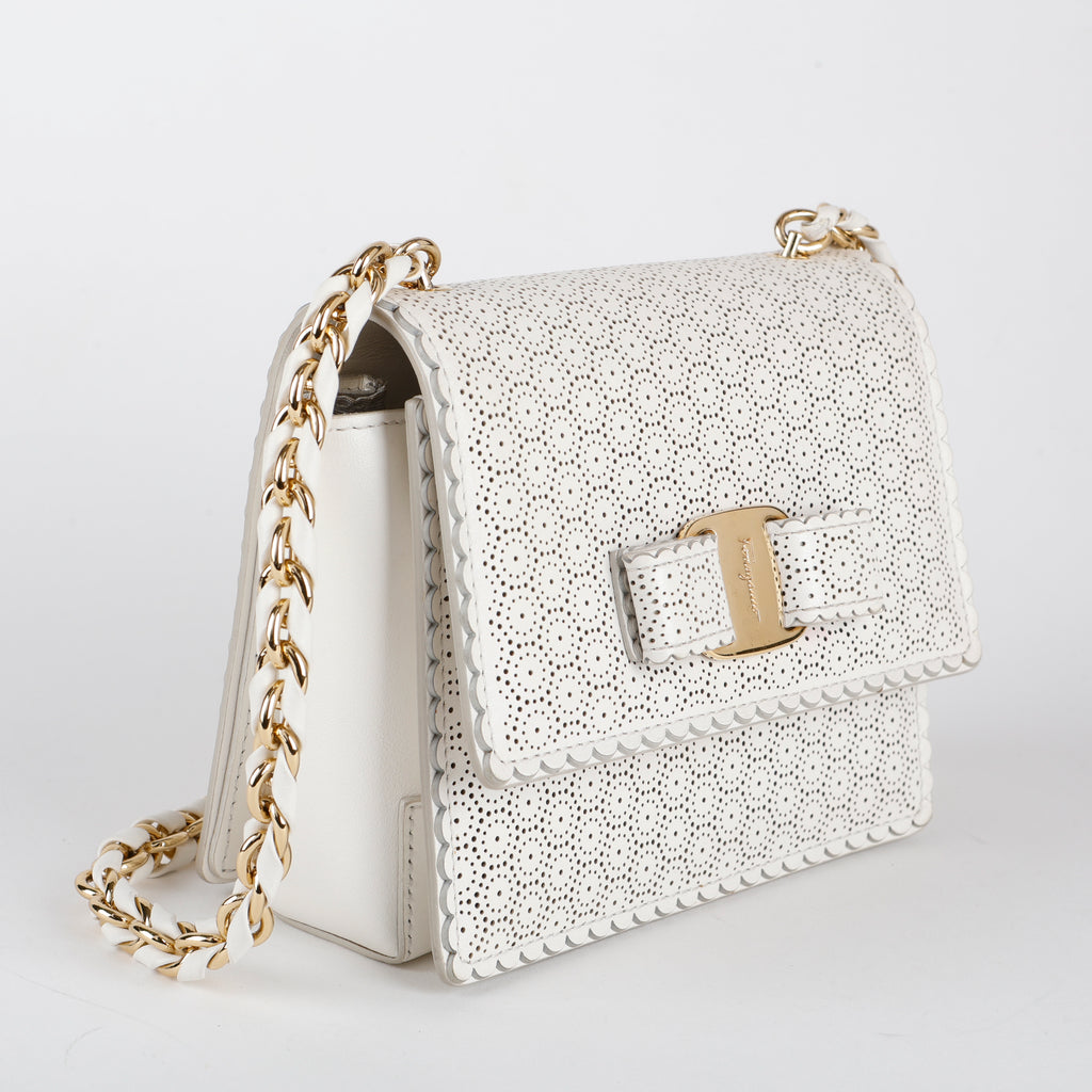Mini Perforated Ginny Bow Crossbody, Cream