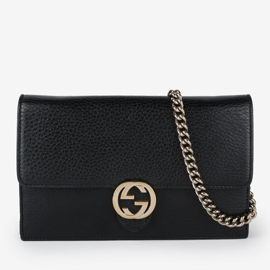 Dollar Interlocking G Wallet on Chain, Black Calfskin