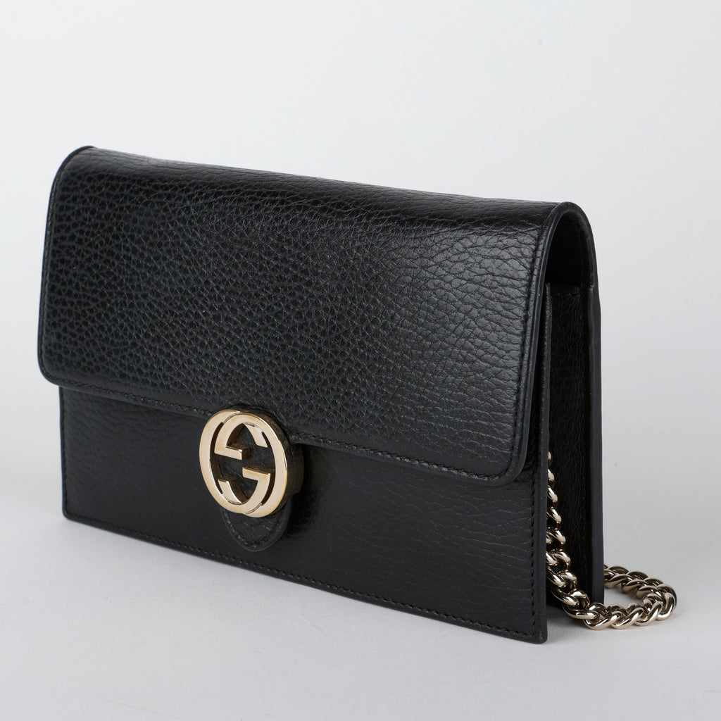 Dollar Interlocking G Wallet on Chain, Black Calfskin