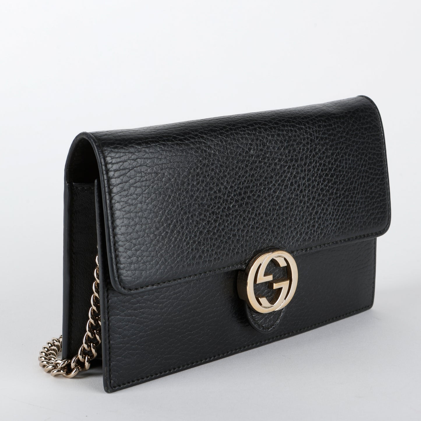 Dollar Interlocking G Wallet on Chain, Black Calfskin