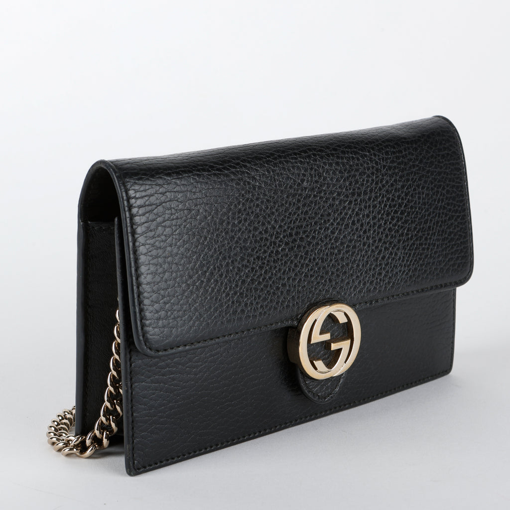 Dollar Interlocking G Wallet on Chain, Black Calfskin