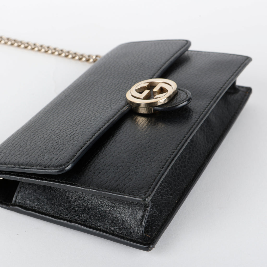 Dollar Interlocking G Wallet on Chain, Black Calfskin