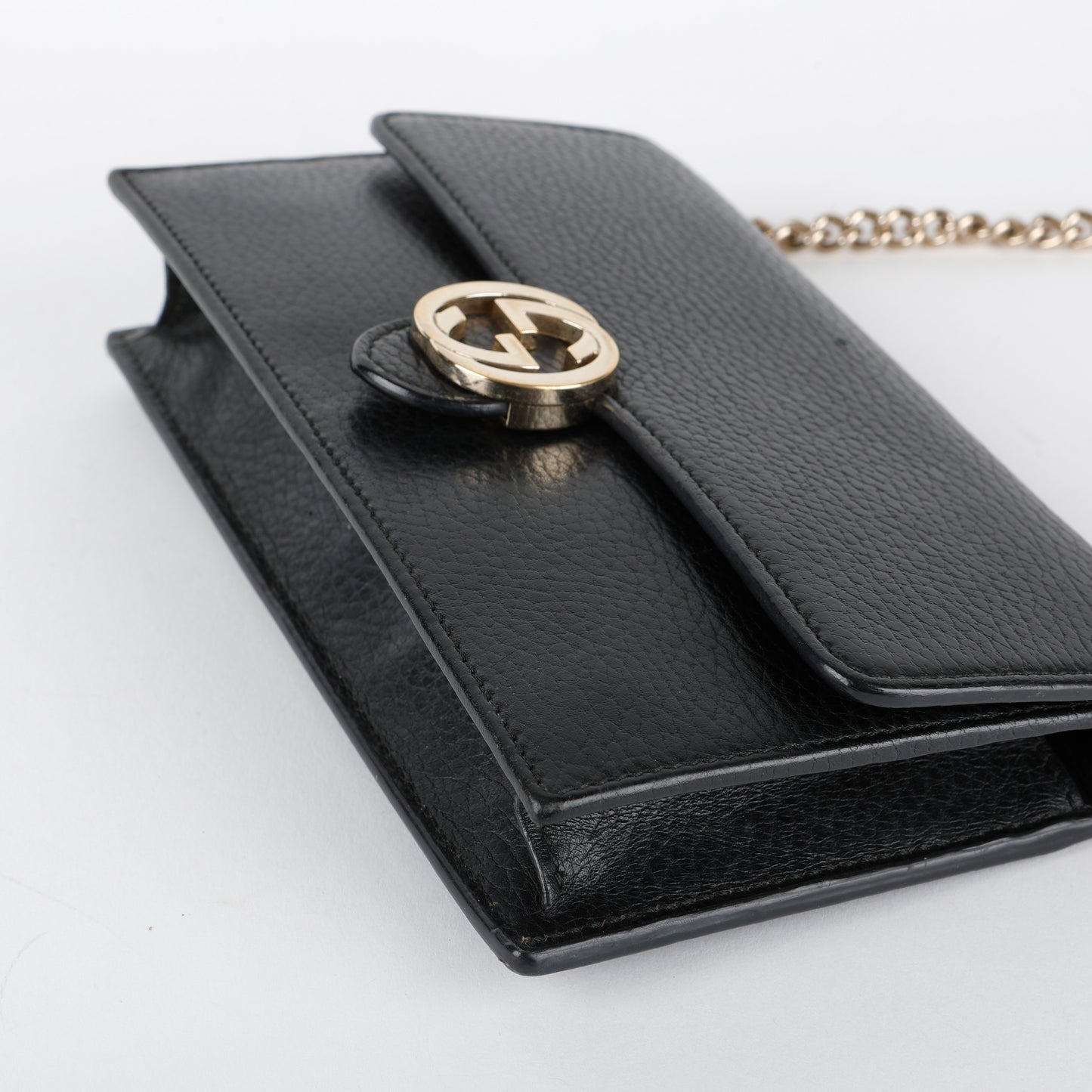 Dollar Interlocking G Wallet on Chain, Black Calfskin