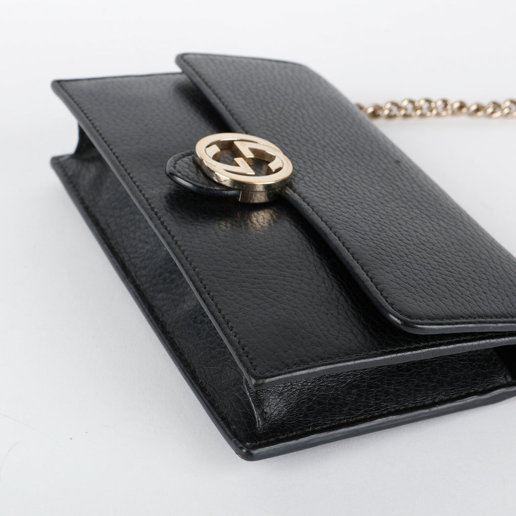 Dollar Interlocking G Wallet on Chain, Black Calfskin