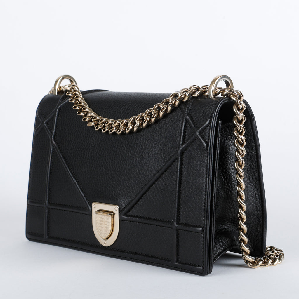 Medium Diorama Flap Bag, Black Grained Calfskin