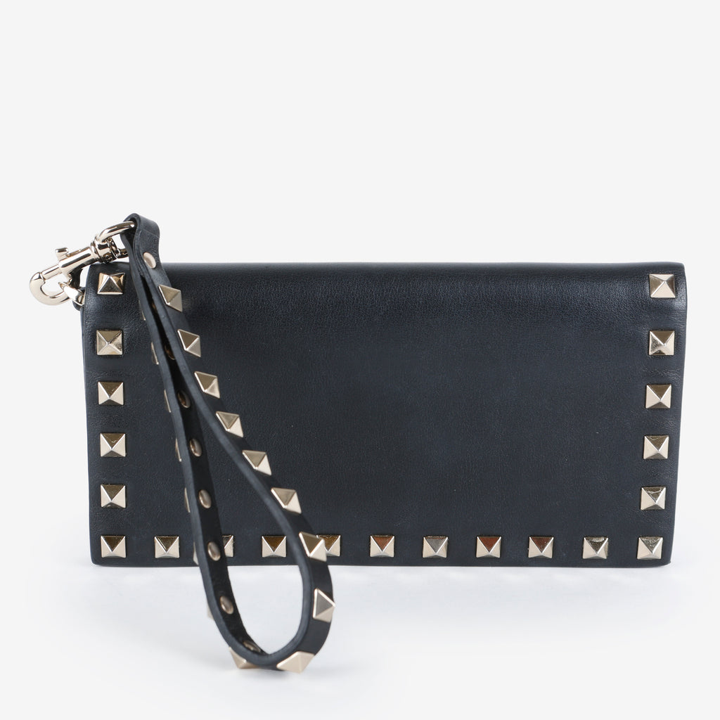 Rockstud Continental Wallet on Wristlet, Black Calfskin