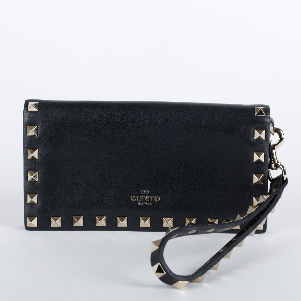 Rockstud Continental Wallet on Wristlet, Black Calfskin
