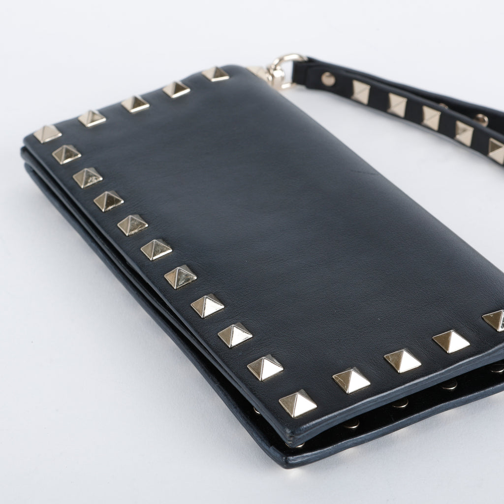 Rockstud Continental Wallet on Wristlet, Black Calfskin
