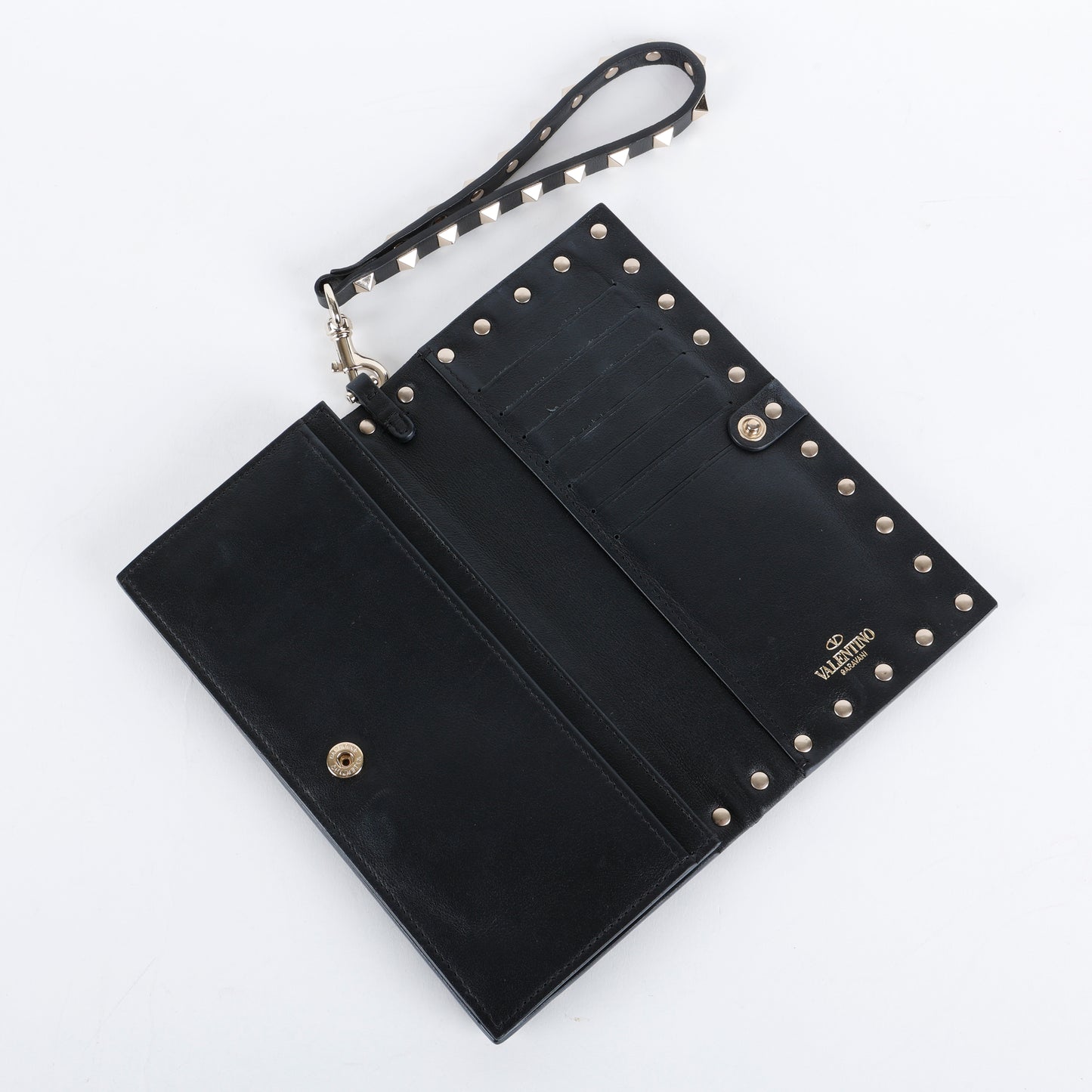 Rockstud Continental Wallet on Wristlet, Black Calfskin