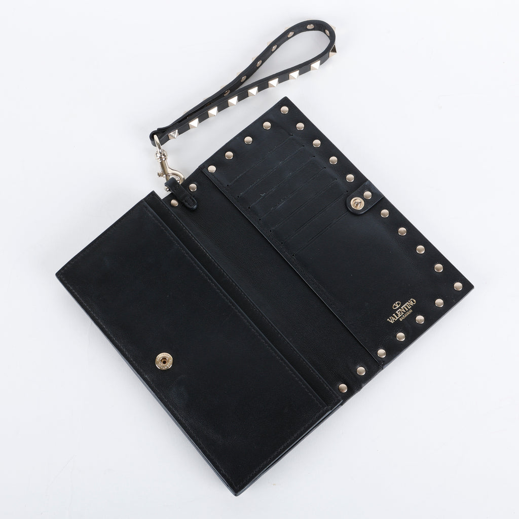 Rockstud Continental Wallet on Wristlet, Black Calfskin