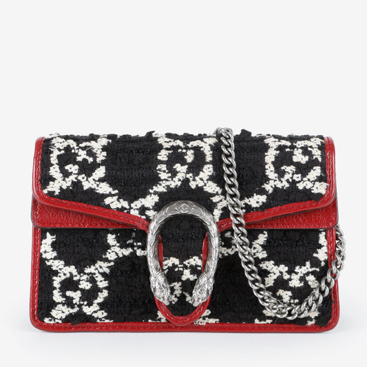 Tweed Super Mini Dionysus on Chain, Black/White/Bordeaux