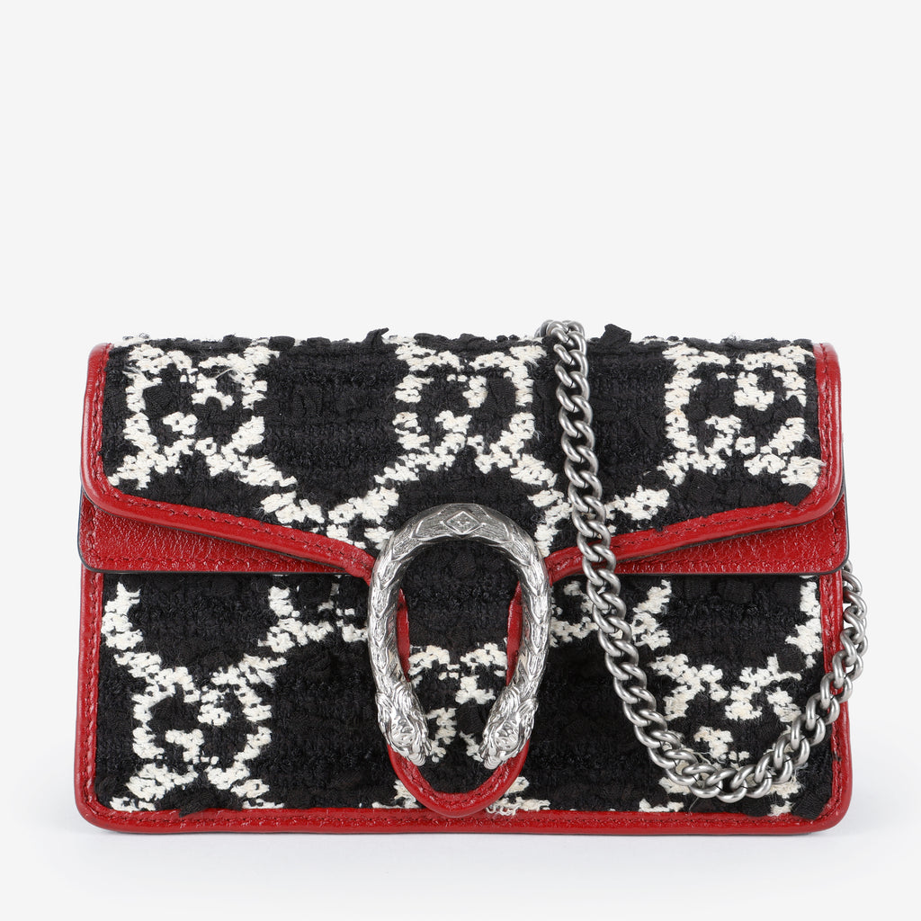 Tweed Super Mini Dionysus on Chain, Black/White/Bordeaux