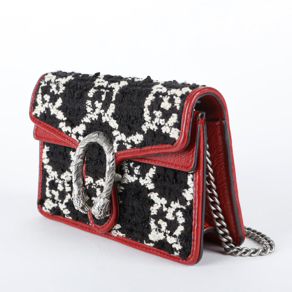 Tweed Super Mini Dionysus on Chain, Black/White/Bordeaux