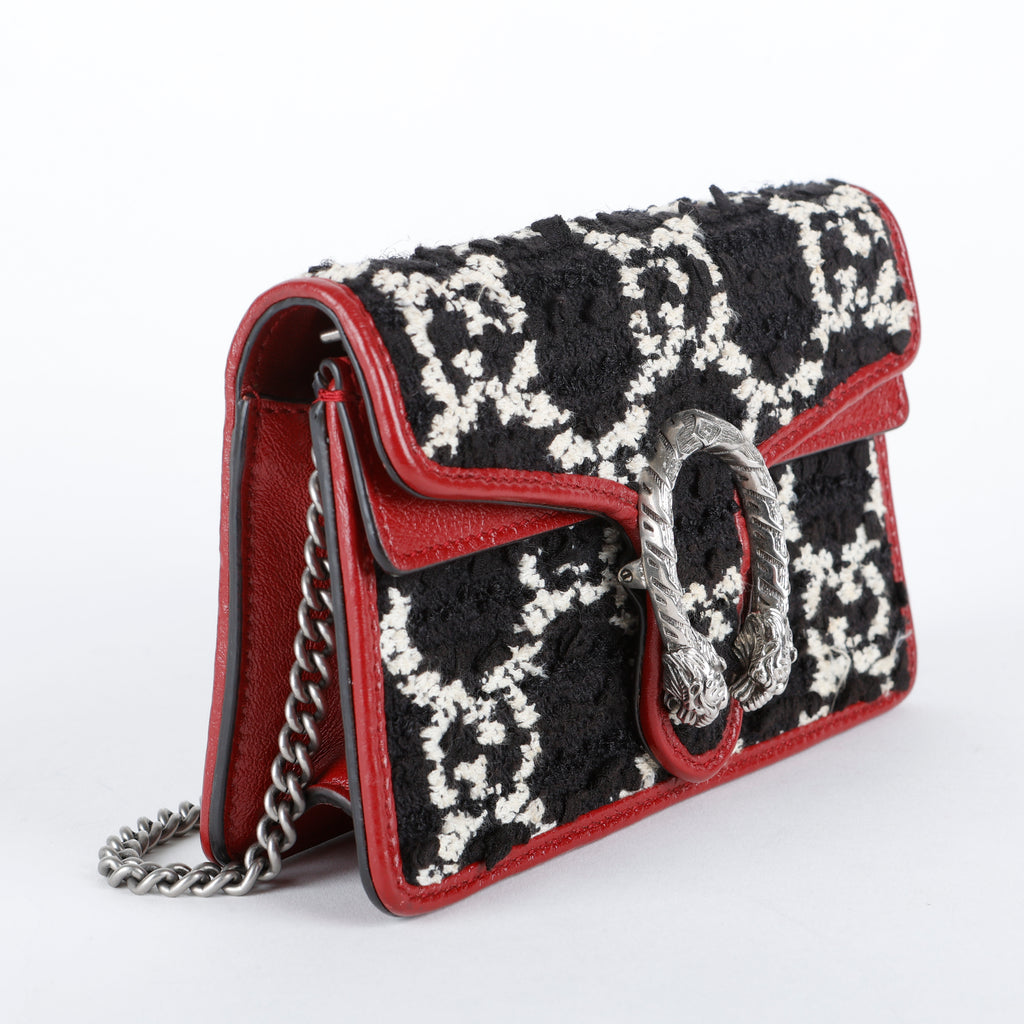 Tweed Super Mini Dionysus on Chain, Black/White/Bordeaux