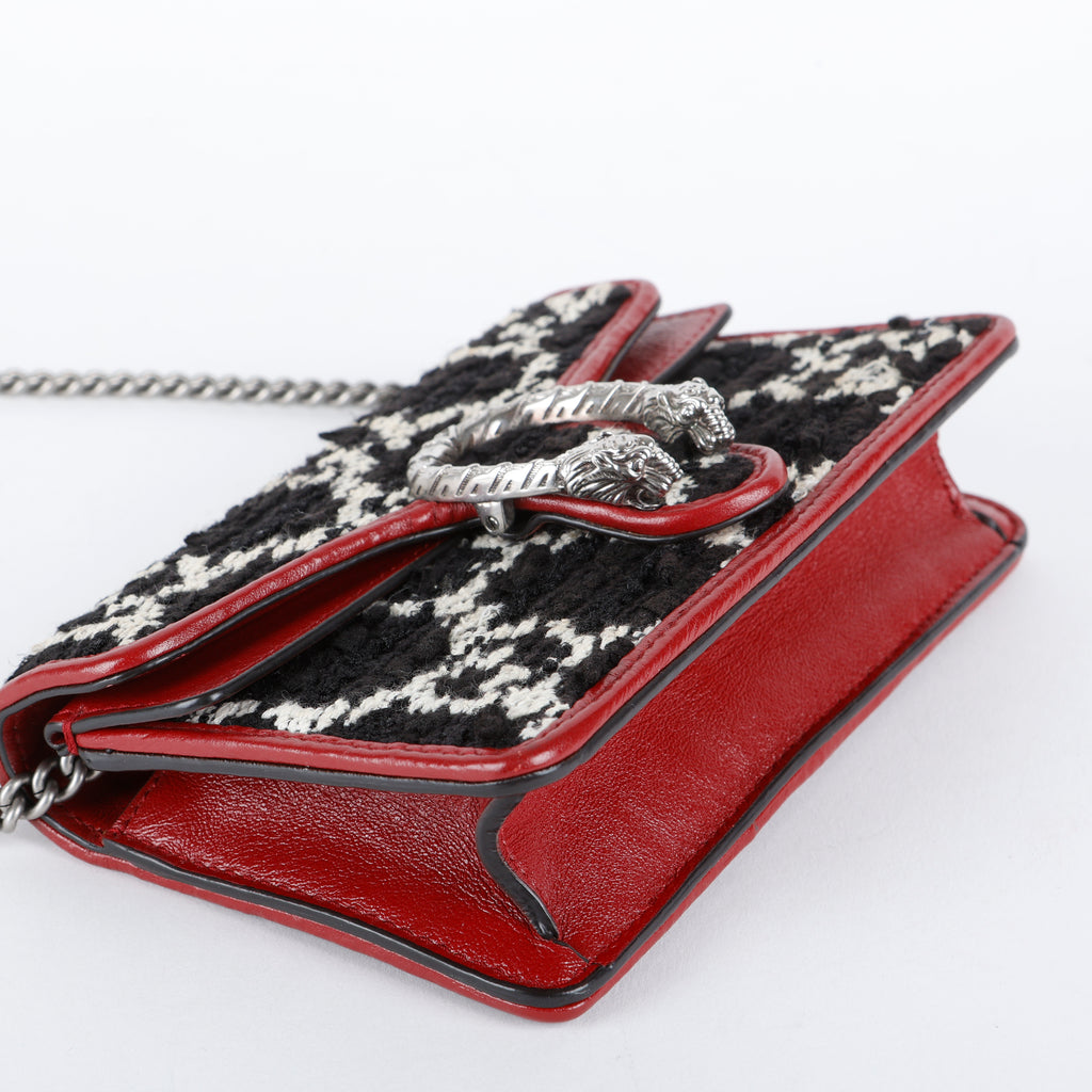Tweed Super Mini Dionysus on Chain, Black/White/Bordeaux