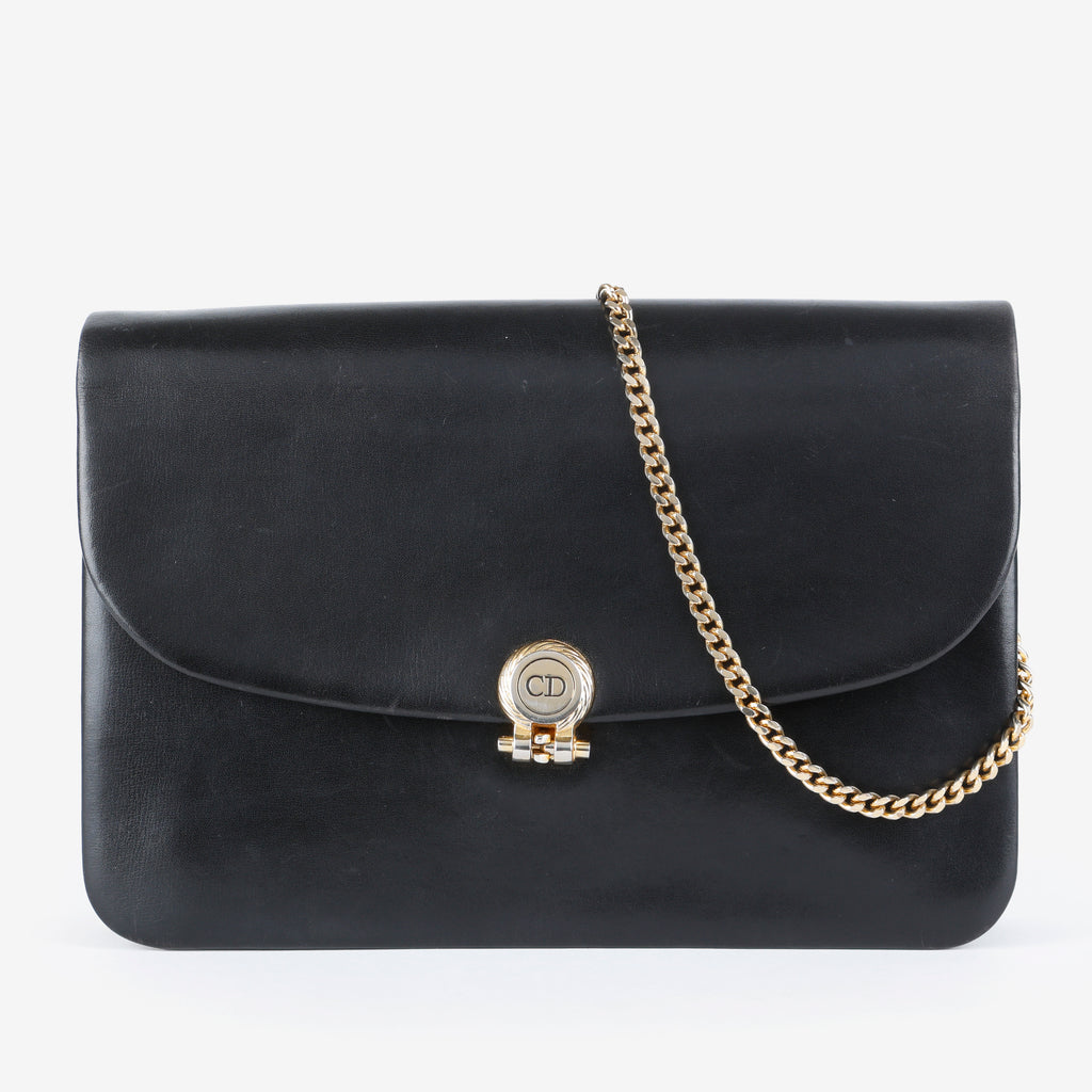 Vintage Clutch on Chain, Black Smooth Calfskin 065