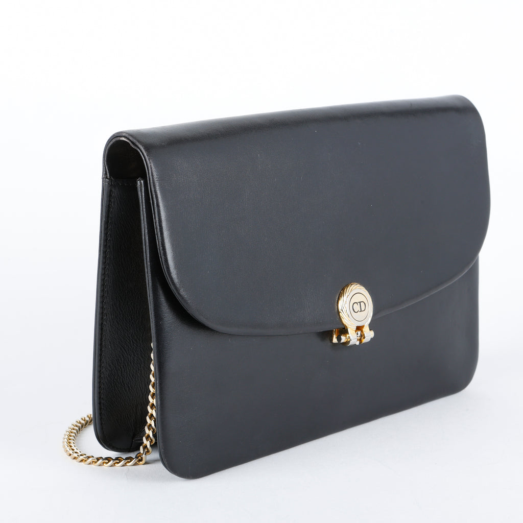 Vintage Clutch on Chain, Black Smooth Calfskin 065