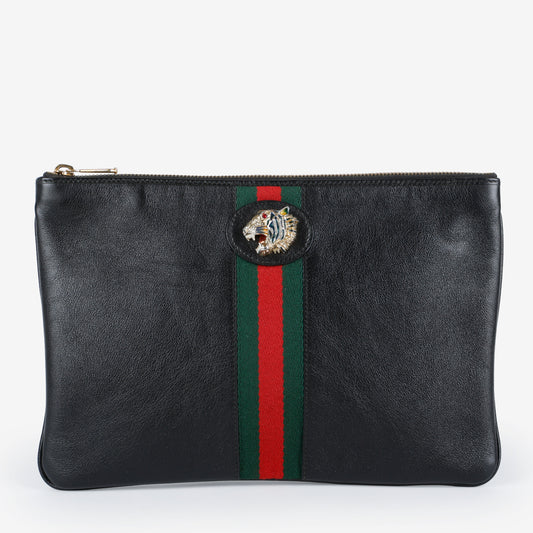 Rajah Tiger Head Clutch, Black Calfskin