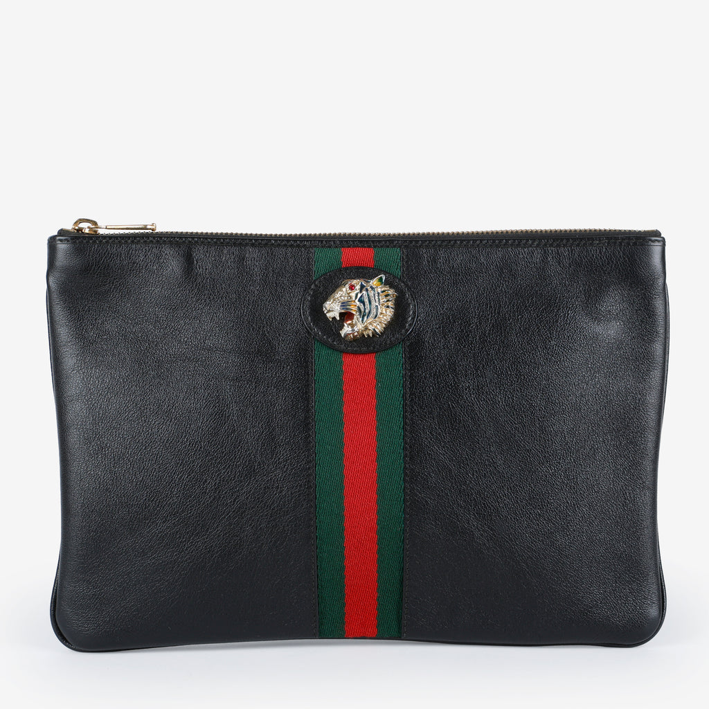 Rajah Tiger Head Clutch, Black Calfskin