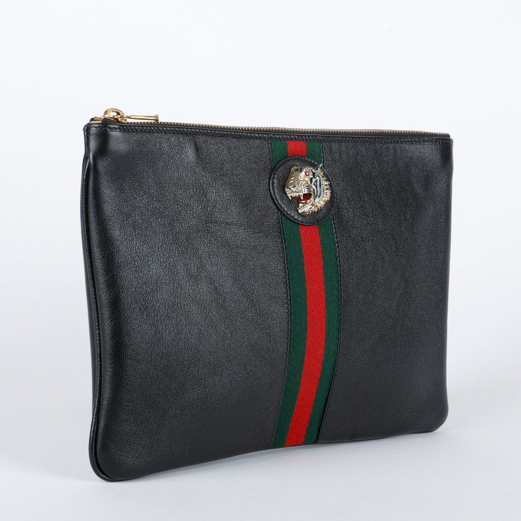 Rajah Tiger Head Clutch, Black Calfskin