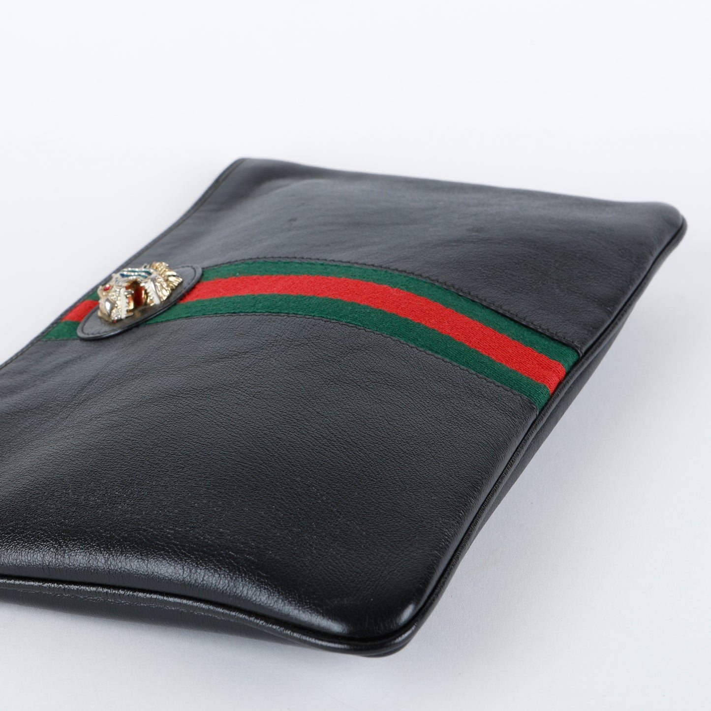 Rajah Tiger Head Clutch, Black Calfskin