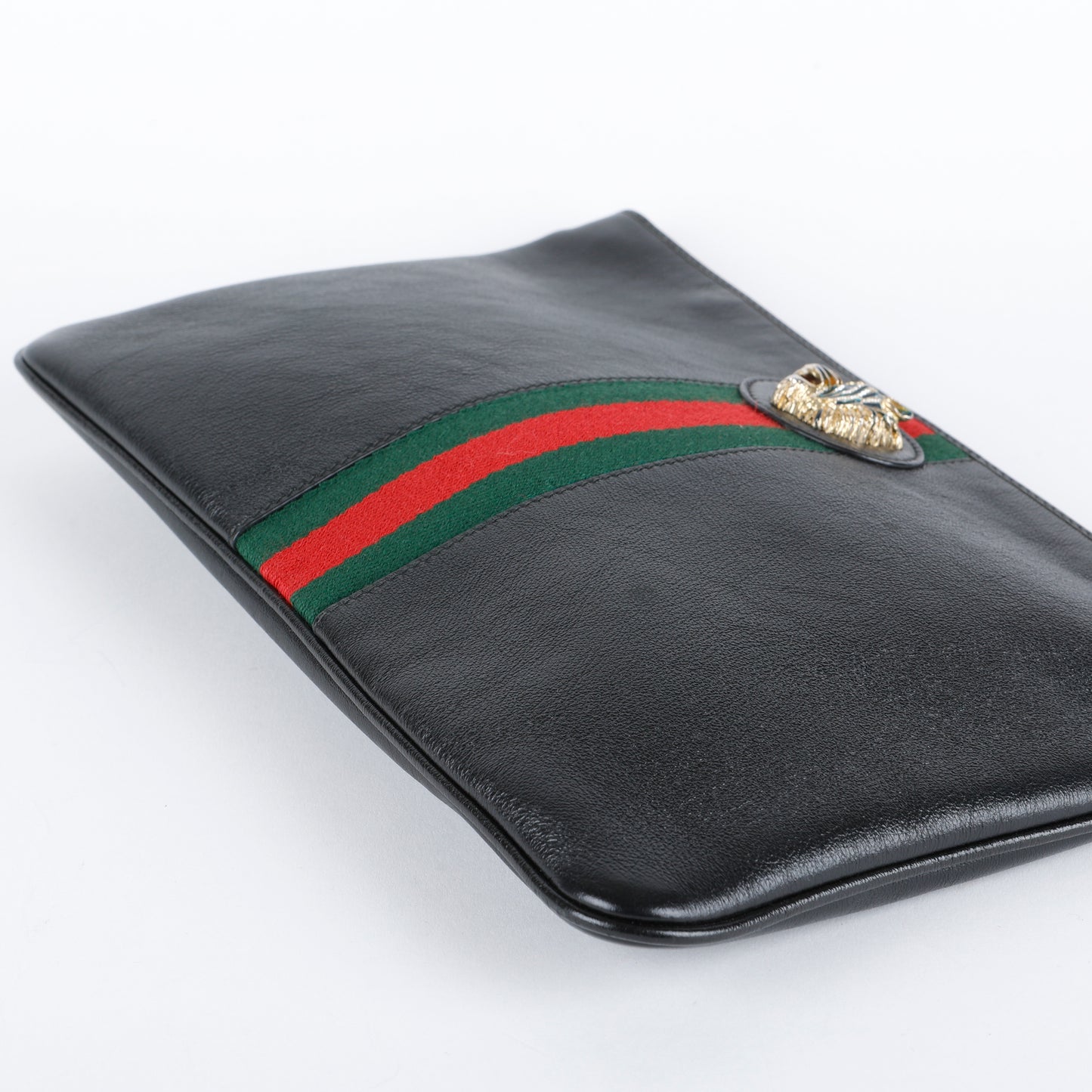 Rajah Tiger Head Clutch, Black Calfskin