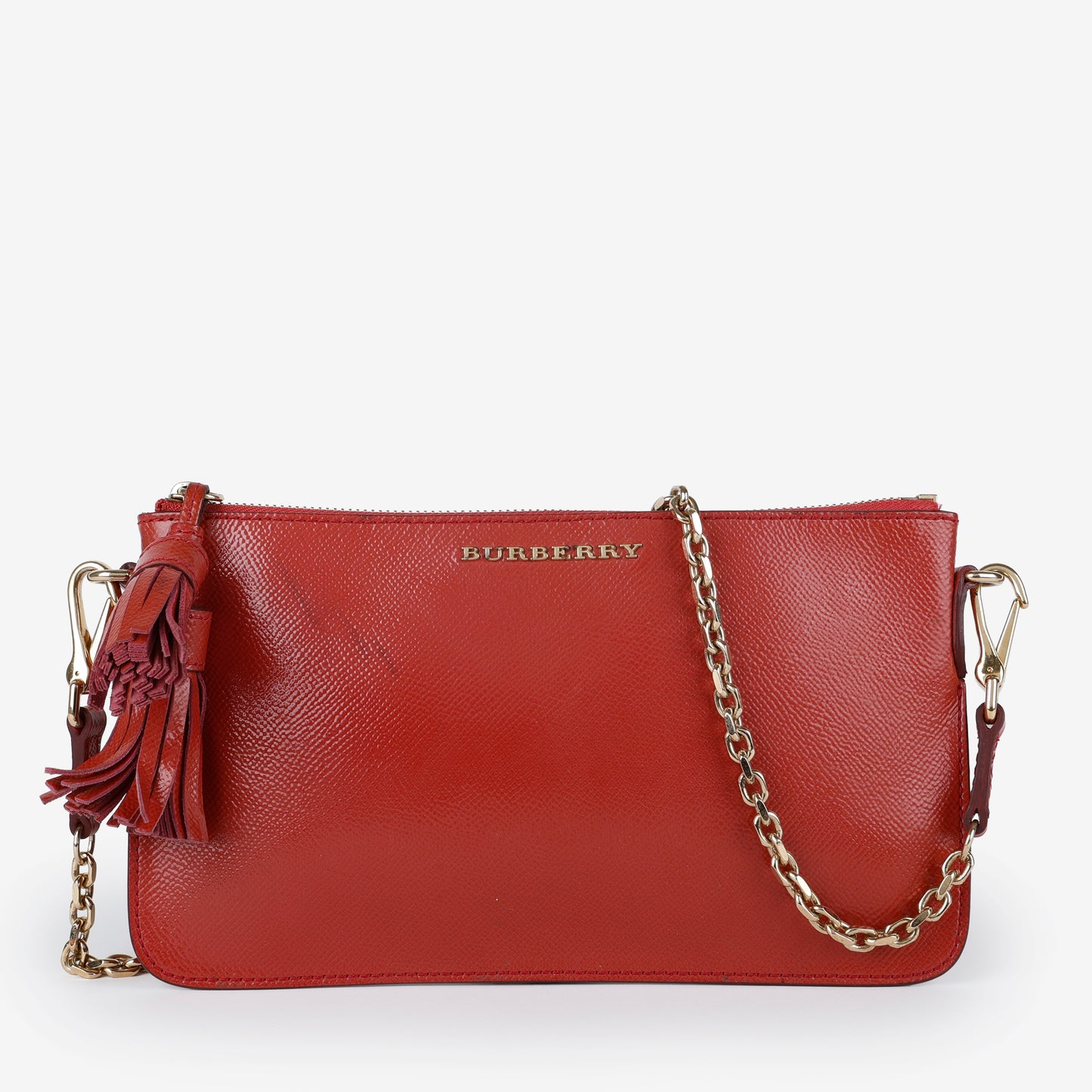 Patent Tassel Clutch on Strap, Dusty Red