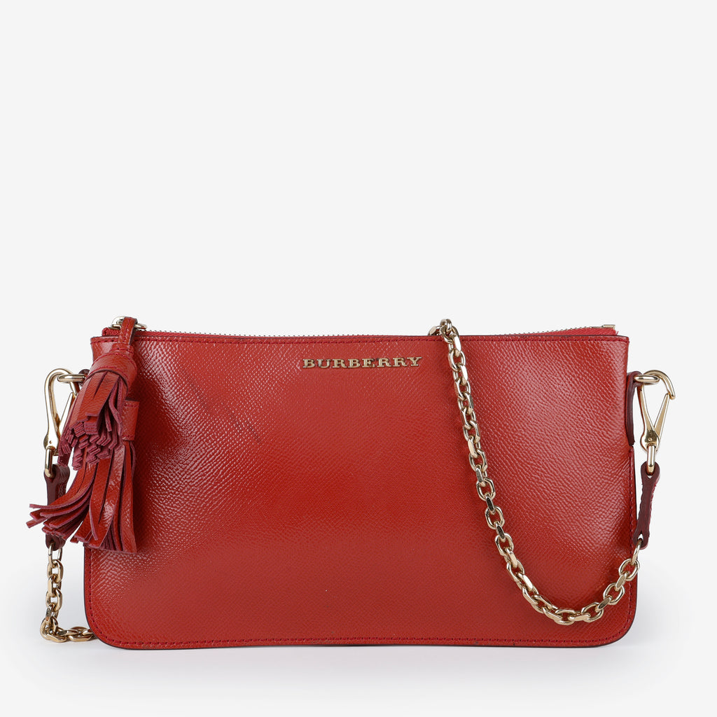 Patent Tassel Clutch on Strap, Dusty Red