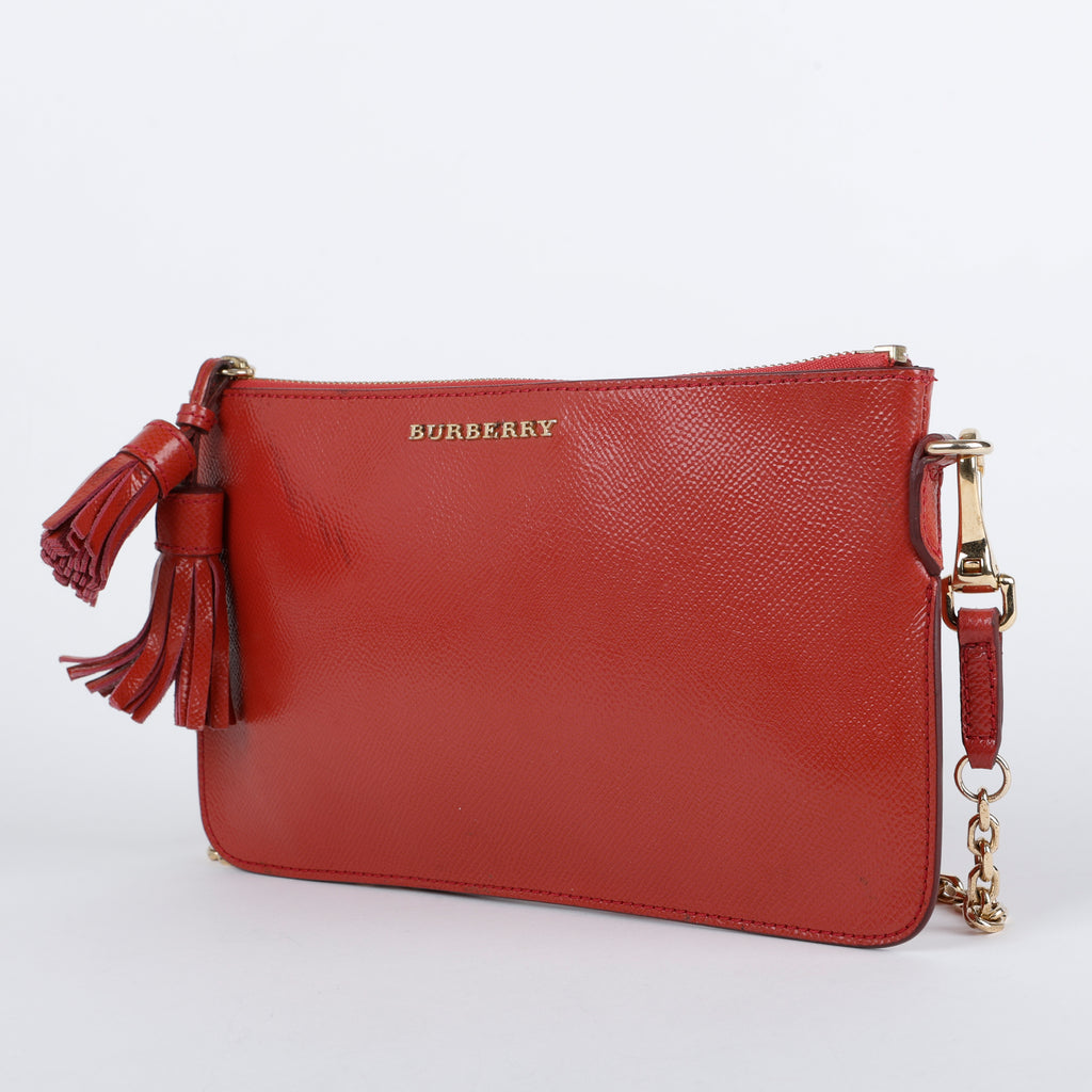 Patent Tassel Clutch on Strap, Dusty Red