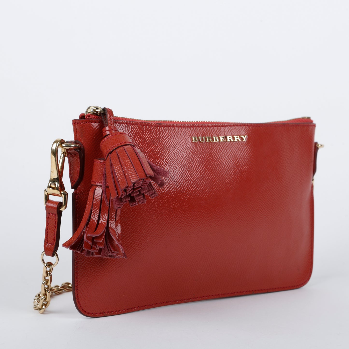 Patent Tassel Clutch on Strap, Dusty Red
