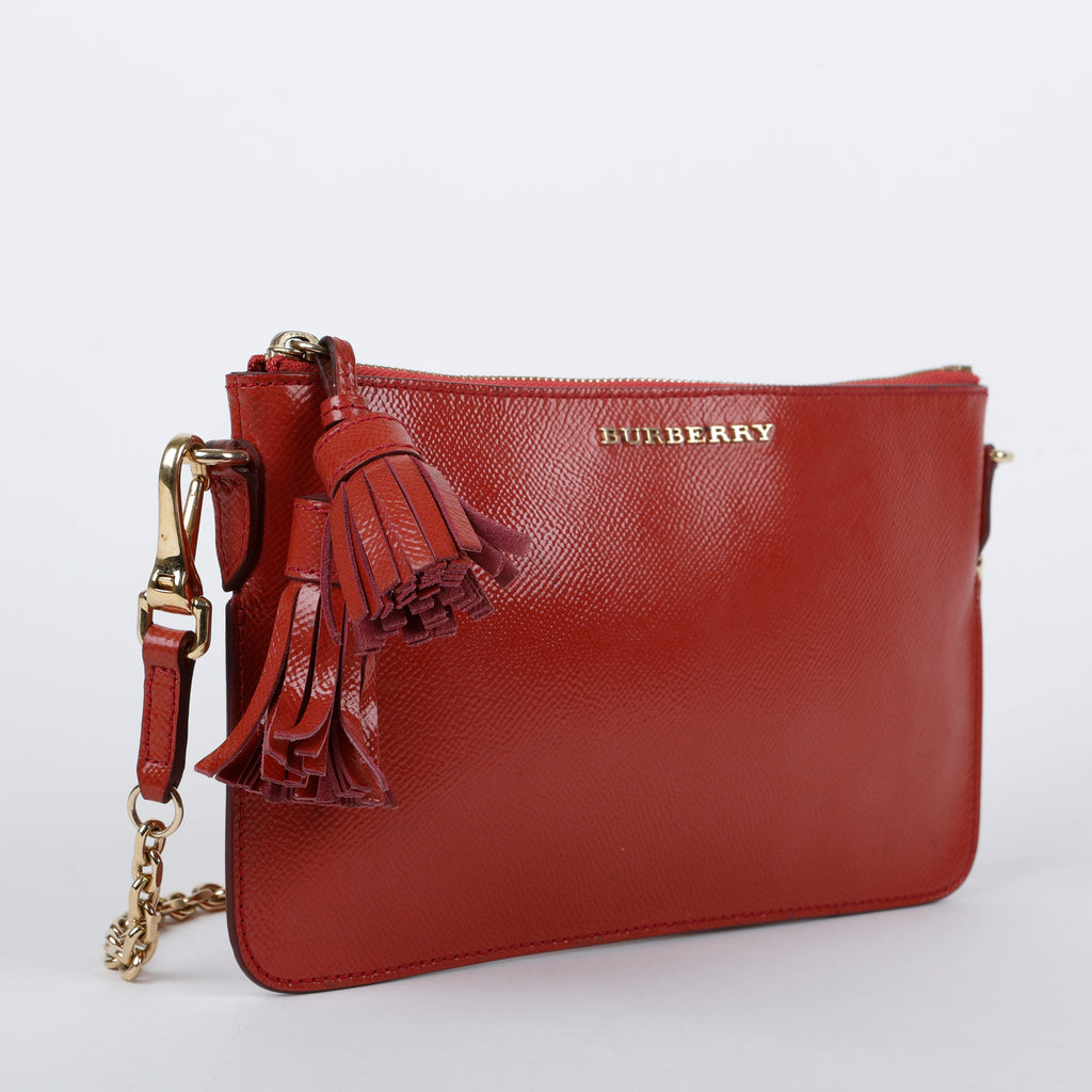 Patent Tassel Clutch on Strap, Dusty Red