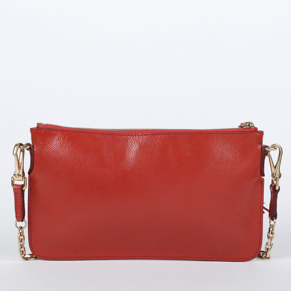 Patent Tassel Clutch on Strap, Dusty Red