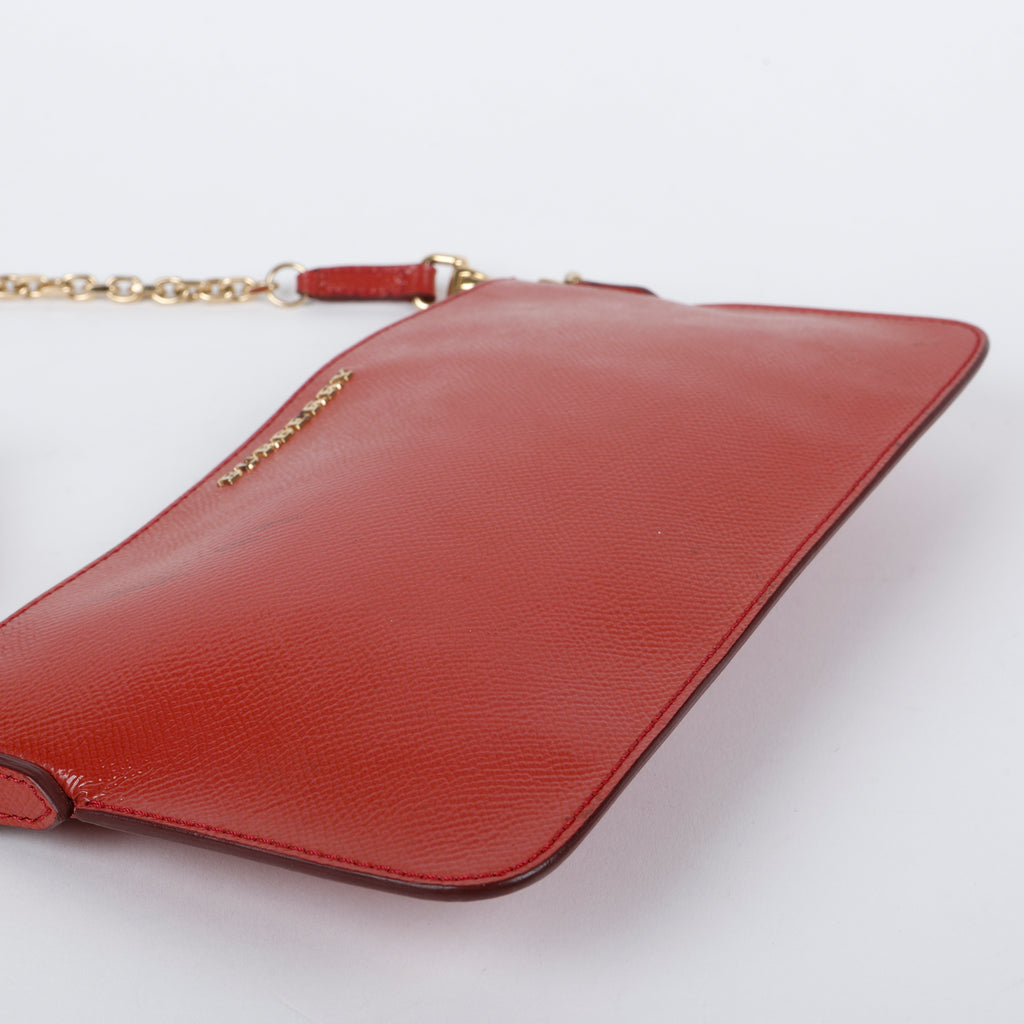 Patent Tassel Clutch on Strap, Dusty Red