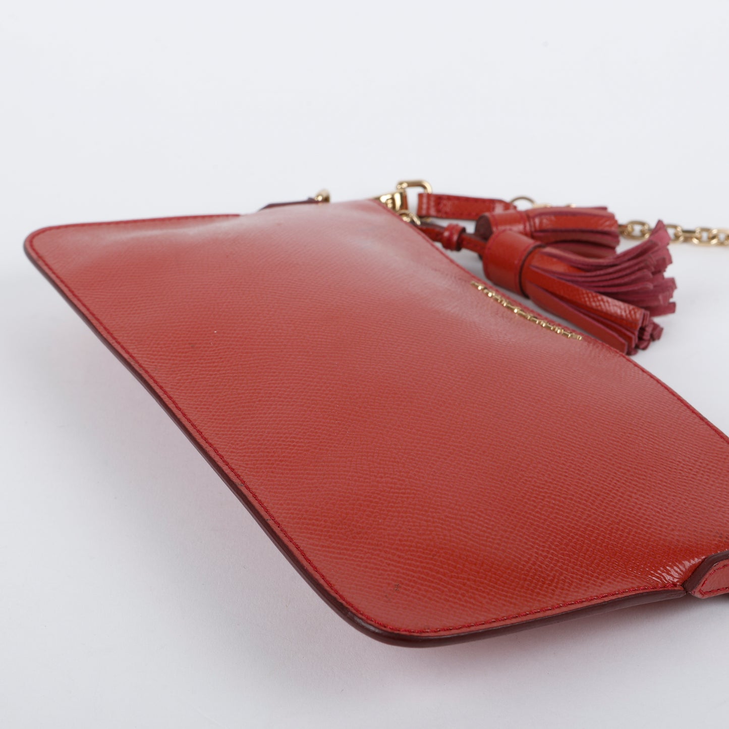 Patent Tassel Clutch on Strap, Dusty Red