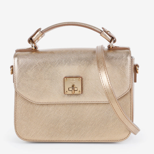 Turnlock Top Handle Bag, Metallic Gold