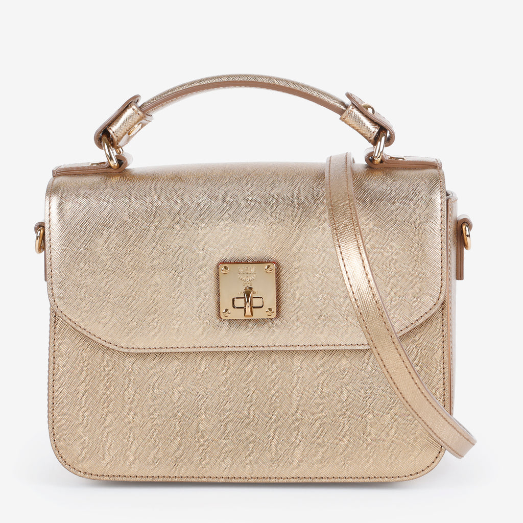 Turnlock Top Handle Bag, Metallic Gold