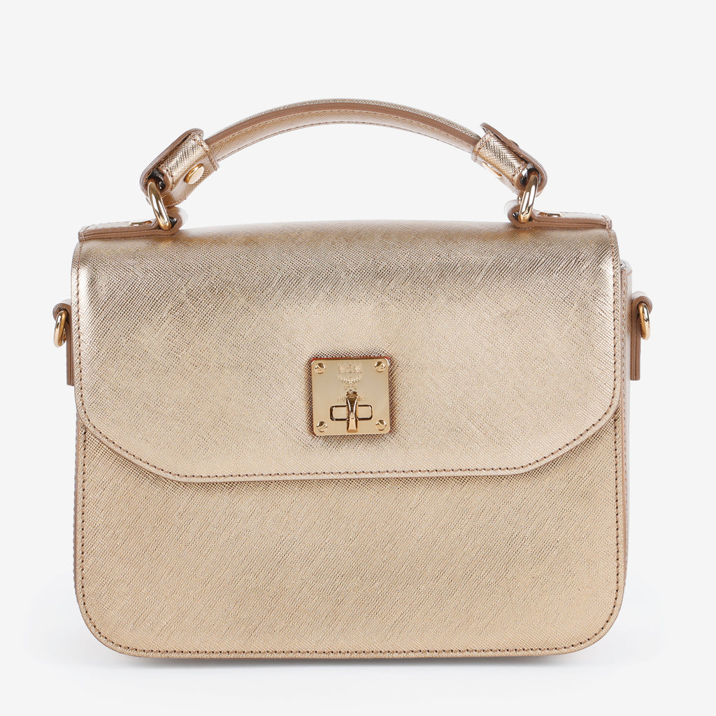 Turnlock Top Handle Bag, Metallic Gold
